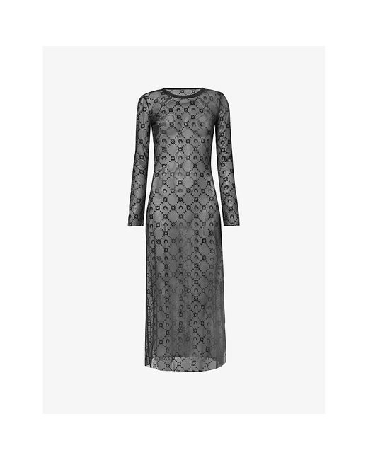 MARINE SERRE Gray Monogram-pattern Long-sleeved Mesh Midi Dress