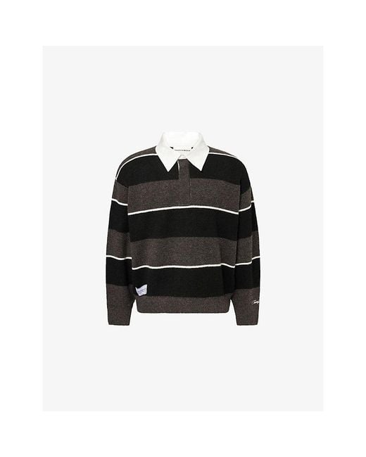 The Couture Club Black Striped Fluffy Collared Crewneck Knitted Jumper for men