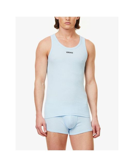 Versace Blue Brand-embroidered Stretch-cotton Vest Top for men