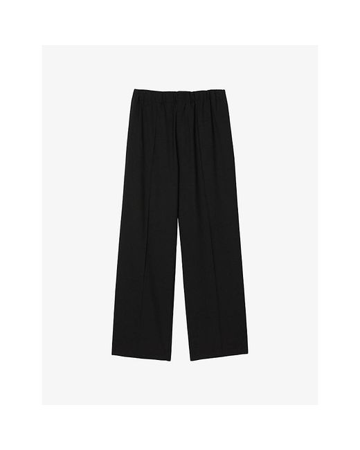 Sandro Black Elasticated-Waist Wide-Leg Stretch Wool-Blend Trousers for men