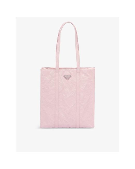 Prada Pink Brand-plaque Small Crinkled-leather Tote Bag