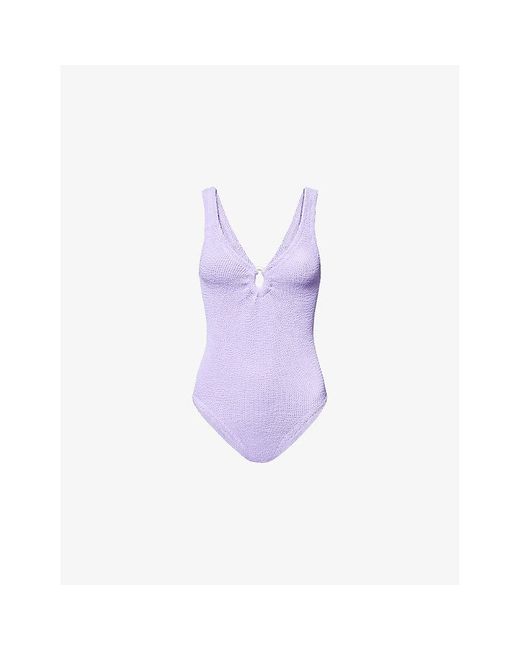 Hunza G Purple Celine Pearly-Hoop Seersucker Swimsuit