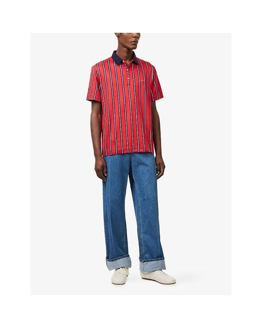 Valentino Garavani Red Vlogo Signature Striped Woven Polo Shirt for men