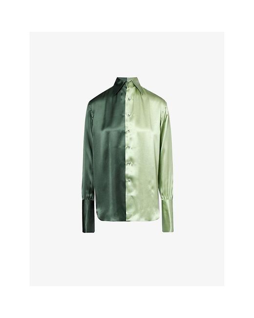 Woera Green Colour-blocked Yoked Regular-fit Silk Shirt