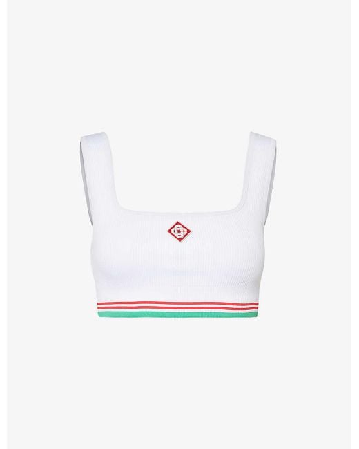 CASABLANCA White Ribbed Monogram-embroidered Stretch-woven Cropped Top