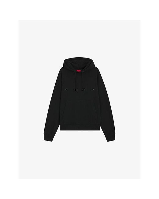 HUGO Black Brand-Embroidered Cotton-Jersey Hoody for men