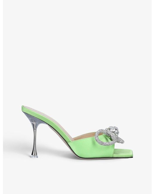 Mach & Mach Double Bow Square-toe Crystal-embellished Satin Heeled ...