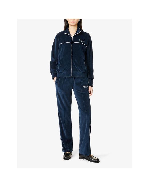 Sporty & Rich Blue Logo-embroidered High-neck Velour Jacket
