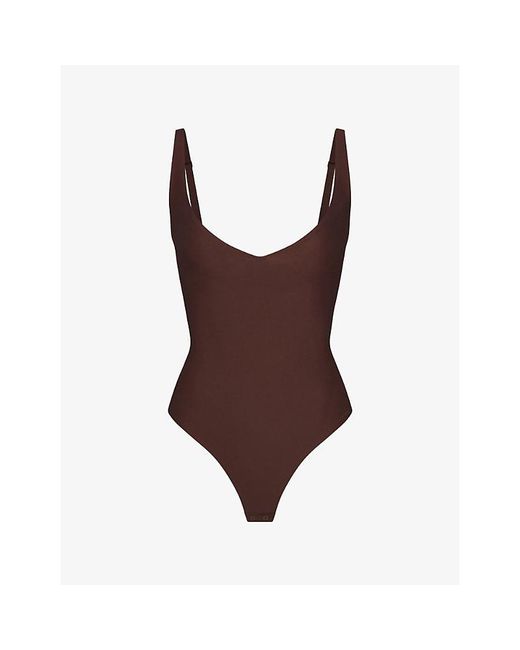 Skims Brown Body Core Sculpt Plunge Thong Stretch-Jersey Bodysuit