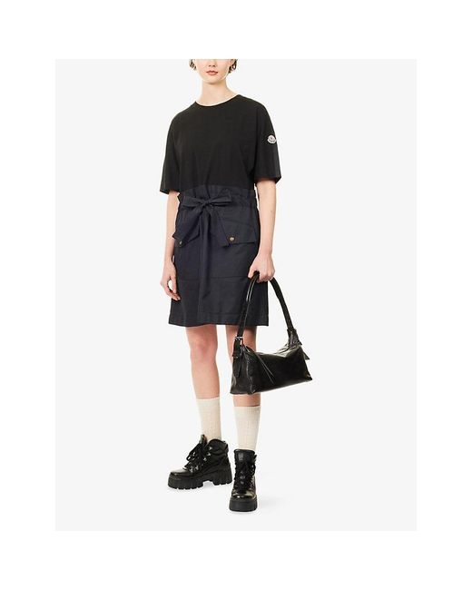 Moncler Black Belted Contrast Cotton-Blend Mini Dress
