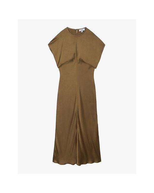 Reiss Green Round-Neck Short-Sleeve Satin Midi Dress