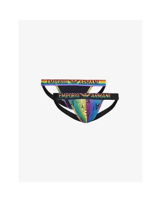Emporio Armani Blue /nero Rainbow-logo Pack Of Two Stretch-cotton Jockstraps for men
