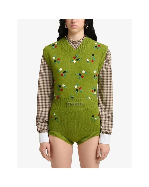 Marni Green Flower-Embroidered Wool And Cashmere Vest