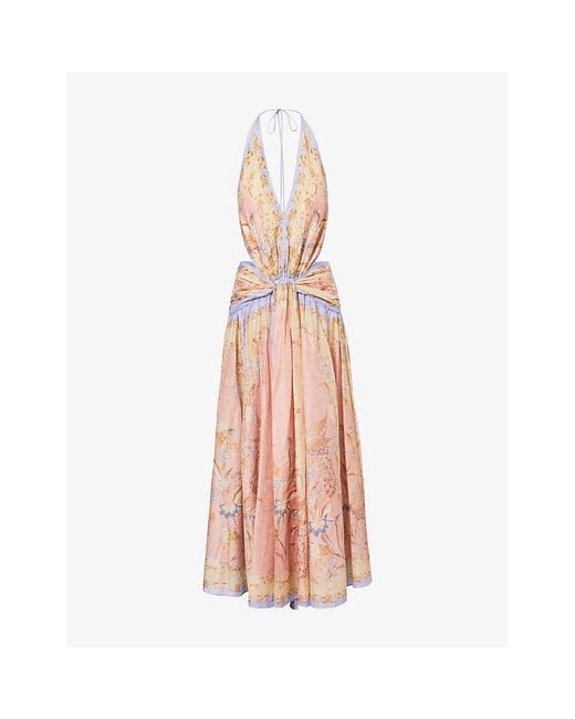 Zimmermann Pink Indra Printed Halter-Neck Silk And Cotton Maxi Dress