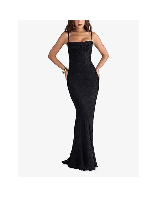House Of Cb Black Nalani Devore Satin Maxi Gown Xs (A-C Cup)