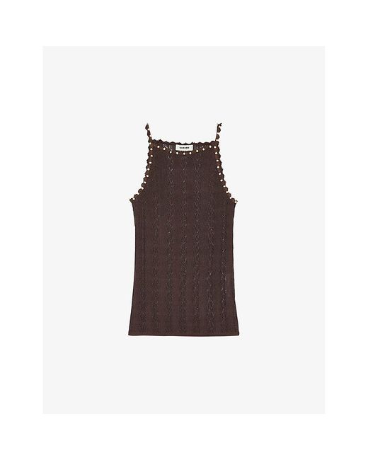 Sandro Brown Bead-embellished Pointelle-stitch Knitted Top