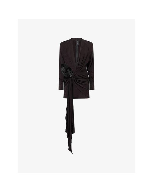 David Koma Black Draped-Hem Flower-Applique Stretch-Jersey Mini Dress