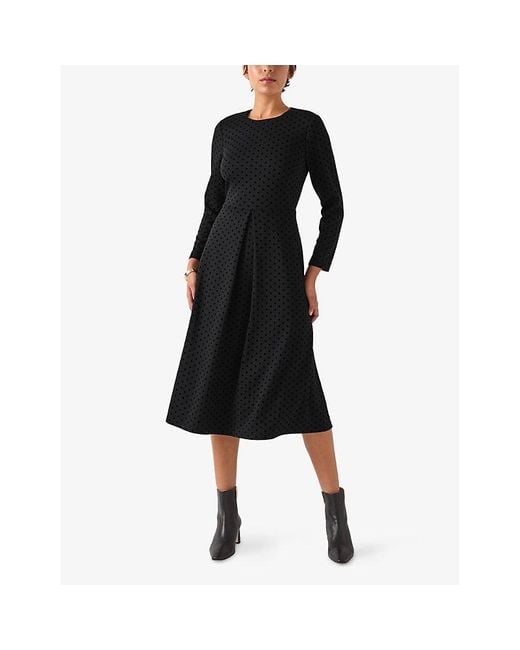 L.K.Bennett Black Marim Spot-Print Long-Sleeve Stretch-Woven Midi Dress