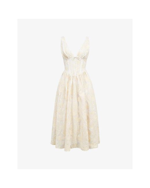 House Of Cb White Emmelina Plunge-Neck Corset Stretch Cotton-Blend Midi Dress