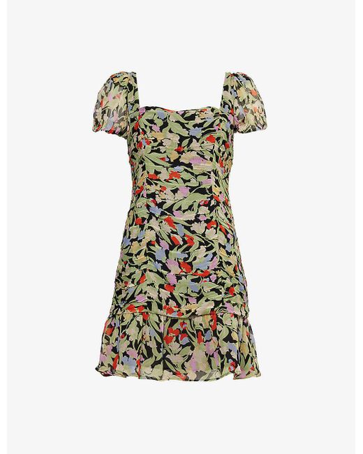 Rixo Green Bowie Puffed-sleeve Floral-print Georgette Mini Dress