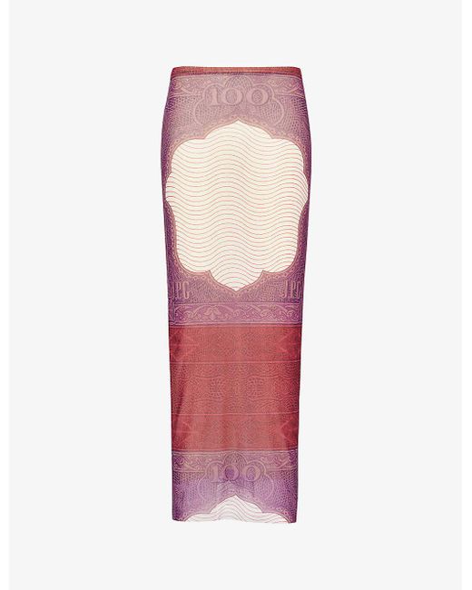 Jean Paul Gaultier Pink Cartouche Money-print Mesh Maxi Skirt