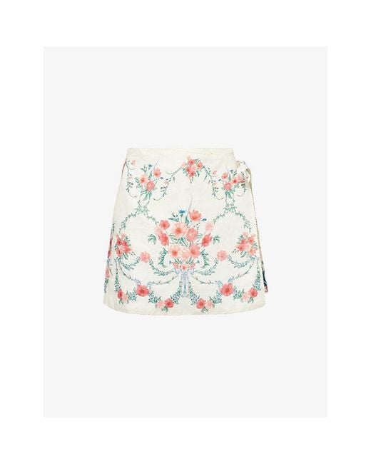 Agua Bendita White Luna Mosqueta Wrap Linen Mini Skirt
