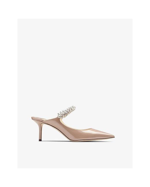 Jimmy Choo White Bing 65 Crystal-Embellished Patent-Leather Heeled Mules