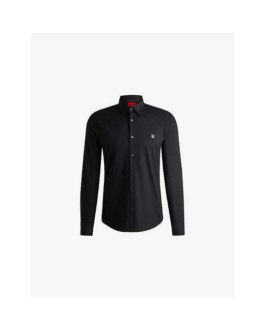 HUGO Black Logo-Embroidered Slim-Fit Stretch-Cotton Shirt for men