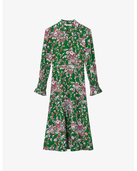L.K.Bennett Green Rita Floral-print Side-tie Silk Midi Dress