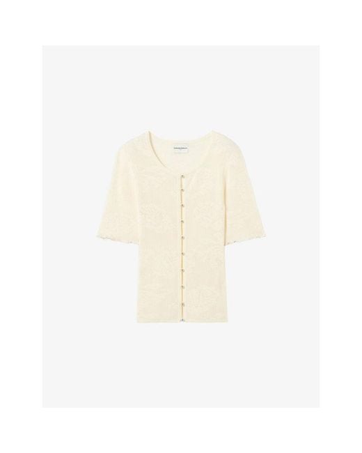 Claudie Pierlot Natural Floral-Motif Short-Sleeve Knitted Cardigan
