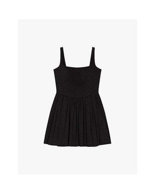 Maje Black Square-Neck Flared-Skirt Sleeveless Stretch-Cotton Mini Dress