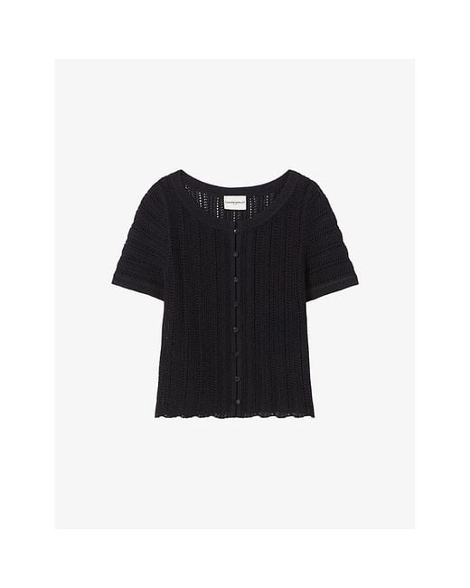 Claudie Pierlot Black Short-Sleeved Button-Front Crochet Top