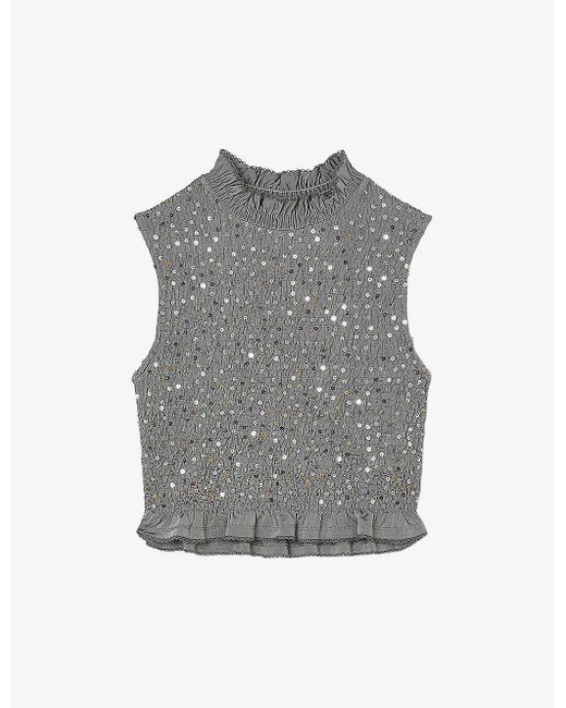 Sandro Gray Sequin-embellished Slim-fit Stretch-woven Top