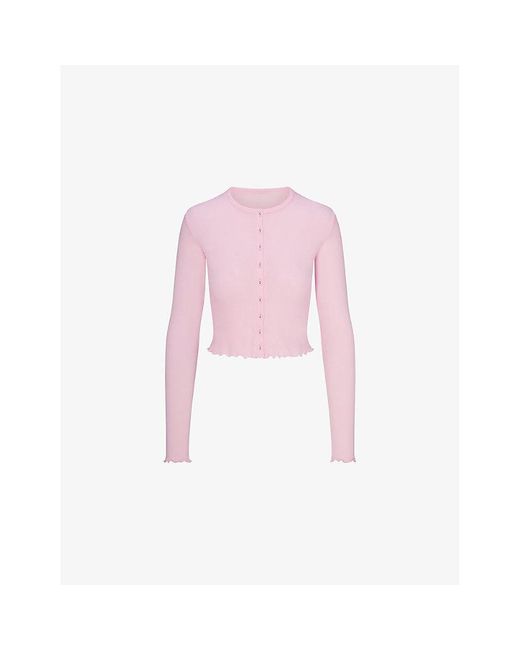 Skims Pink Pointelle Lettuce-Edge Cotton-Jersey Cardigan