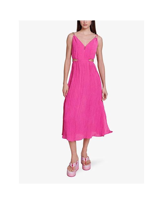 Maje Pink Beaded Crinkle Woven Midi Dress