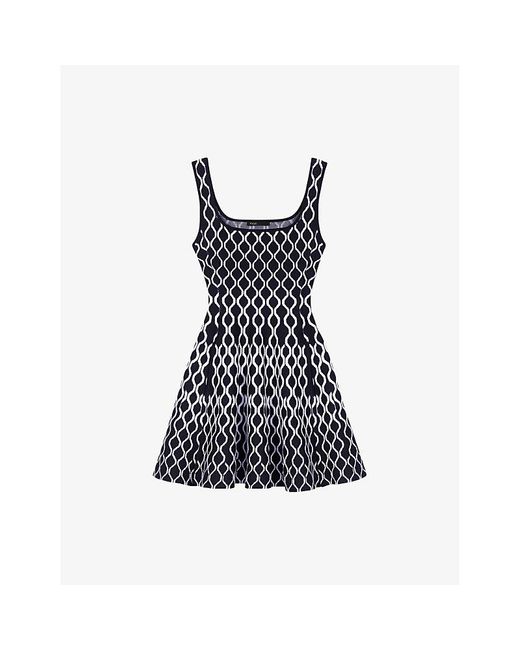 Maje Black Square-Neck Geometric-Pattern Stretch-Knit Mini Dress