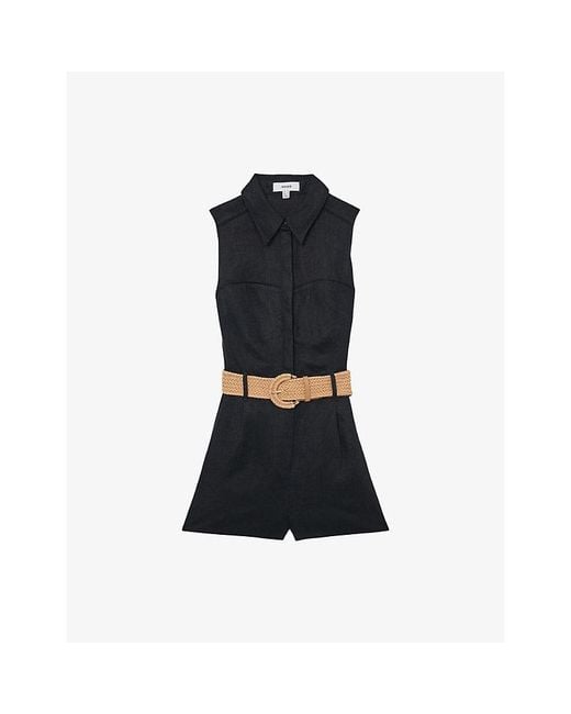 Reiss Blue Taylor Belted-Waist Linen Playsuit