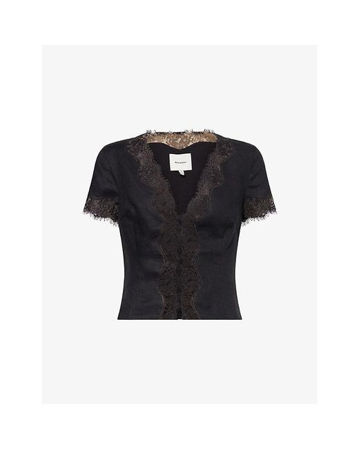 Reformation Black Brynn Lace-Trim Linen Top