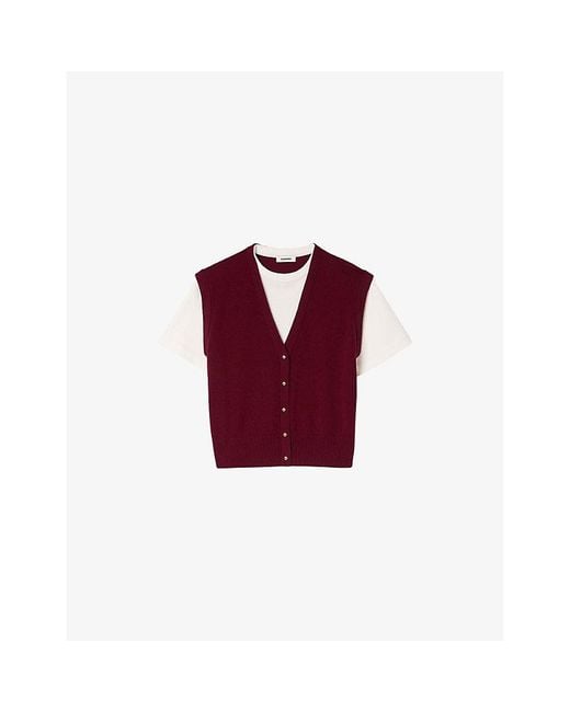 Sandro Red Two-In-One Short-Sleeved Wool And Cashmere Top