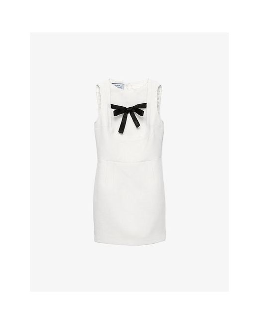 Prada White Natté Bow-Embroidered Virgin-Wool Mini Dress