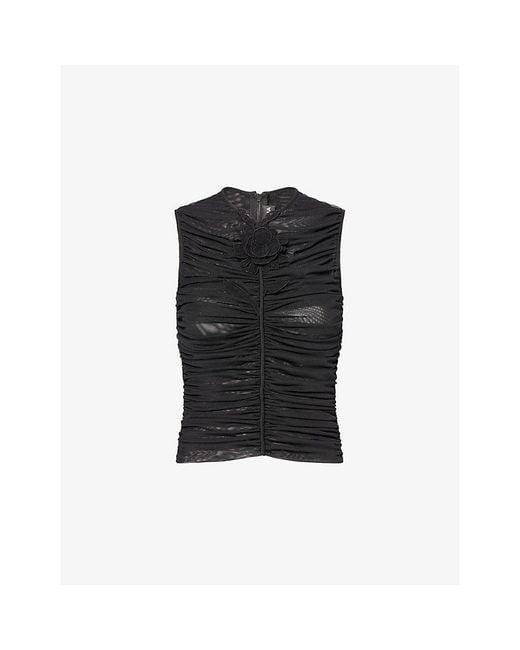 David Koma Black Floral-Motif Ruched Woven Top