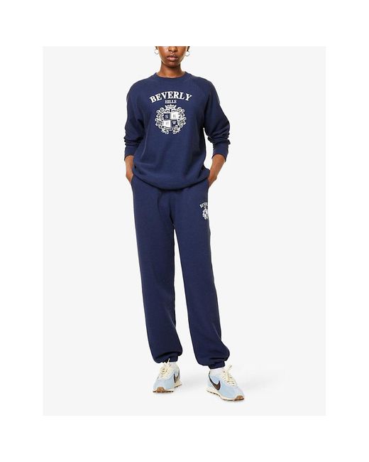 Sporty & Rich Blue Bh Crest Soft Elasticated-Cuffs Cotton-Blend Jogging Bottoms