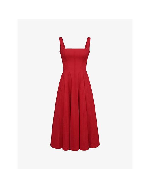 House Of Cb Red Mariabella Square-Neck Stretch-Cotton Midi Dress