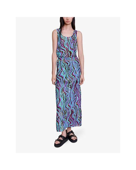 Maje Blue Graphic-pattern Sequin Maxi Skirt