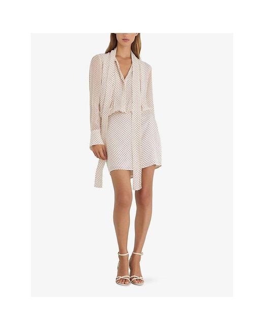Reiss White Dottie Tie-Neck Polka-Dot Woven Mini Dress