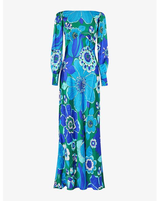 Rixo Blue Marni Floral-print Satin Maxi Dress