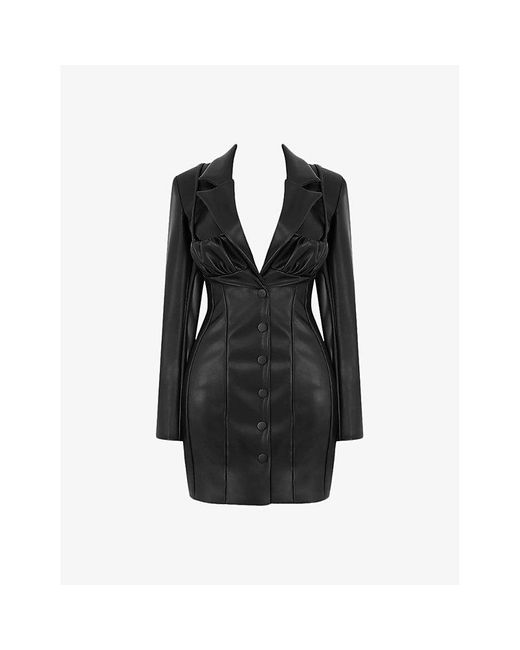 Mistress Rocks Black Bold Moves Lapel-Collar Long-Sleeve Vegan-Leather Mini Dress