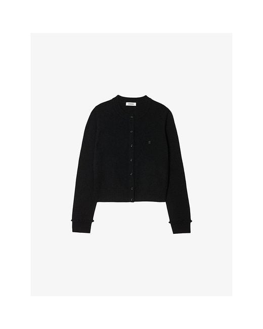 Sandro Black Round-Neck Ruffle-Cuff Wool And Cashmere Cardigan