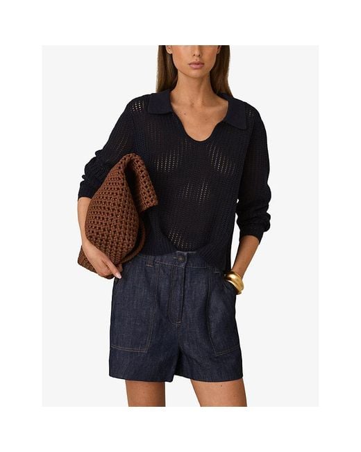 Reiss Blue Ashby Contrast-Stitch Mid-Rise Linen Shorts