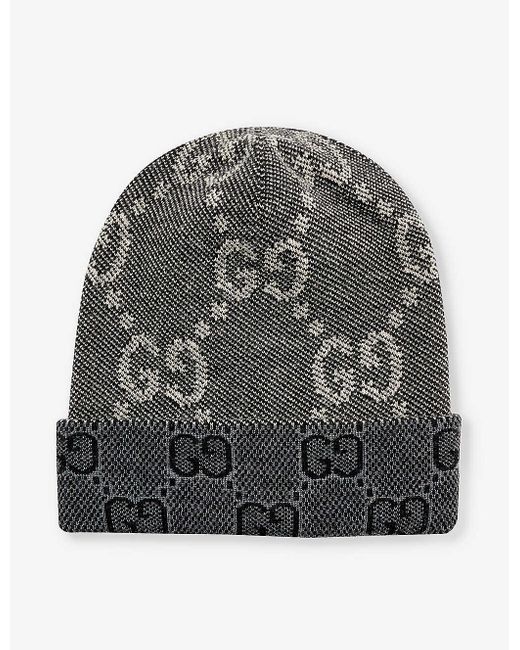 Gucci Gray Double G Brand-pattern Wool-knit Beanie Hat for men
